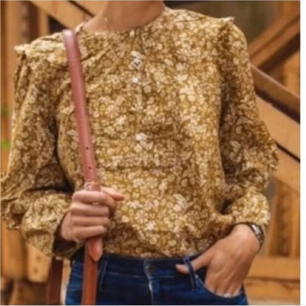 J. Crew Mustard Floral Puff Sleeve Cotton Blouse Boho Ruffle Top S
